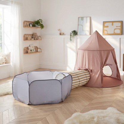 3 piece kids pop-up play set with tent, tunnel and ball pit in a bright kids room