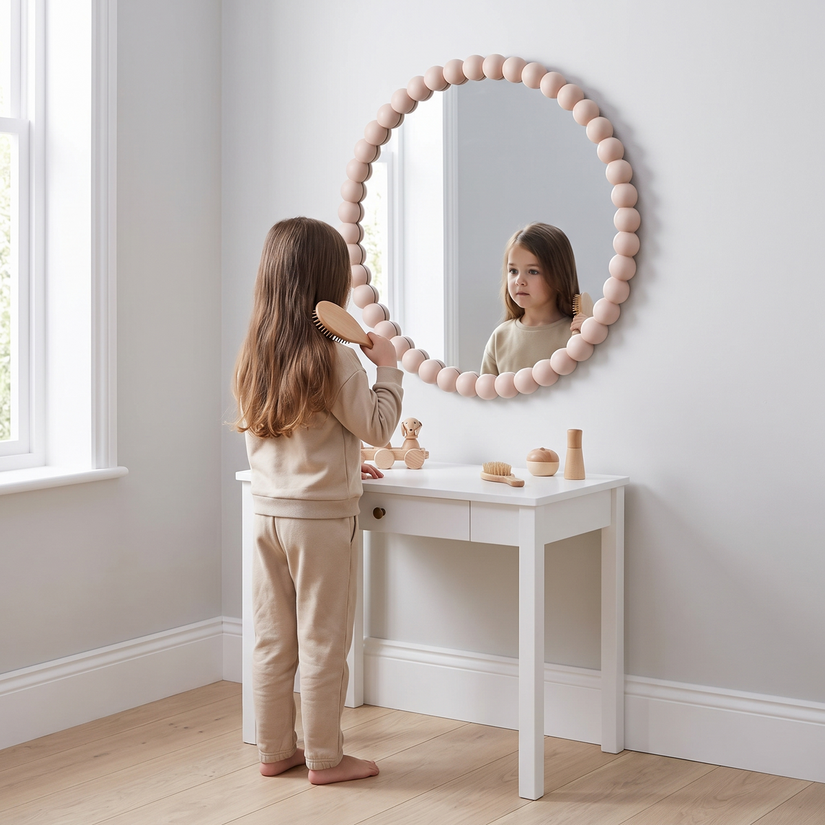 Child brushing her hair in front of the round pink bobbin mirror