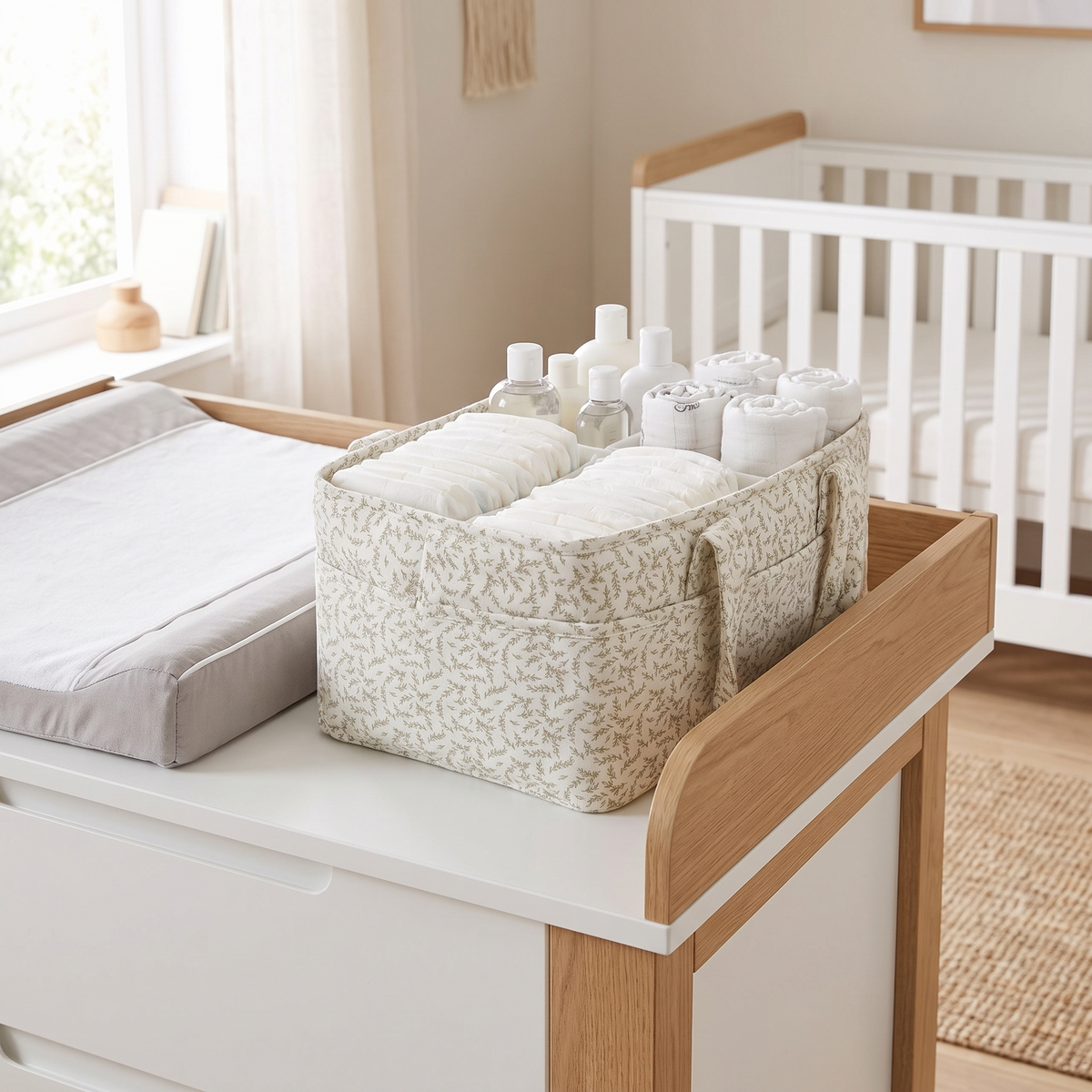 Nappy caddy stocked with nappies and essentials on a change table
