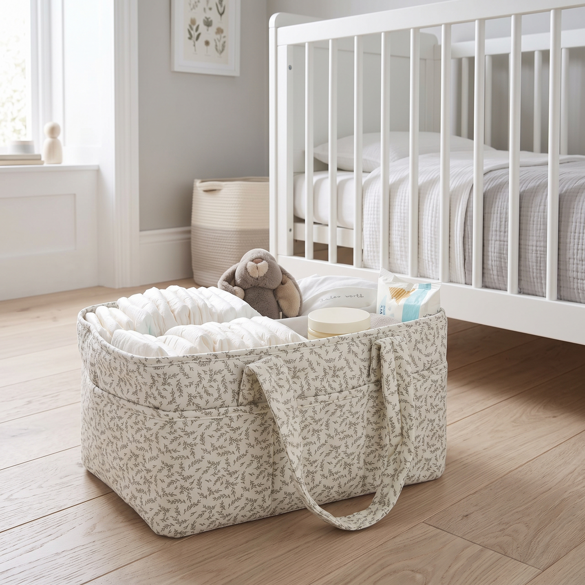 Leaf print cotton nappy caddy with handles in a bright Scandinavian nursery