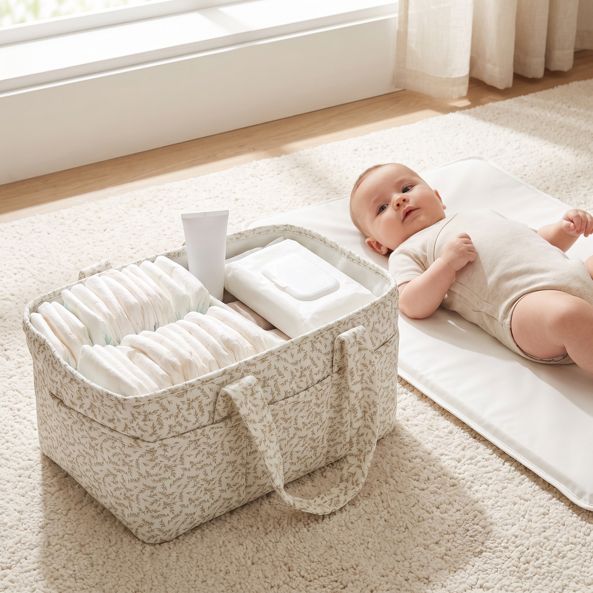 Stocked leaf print nappy caddy beside a baby on a change mat