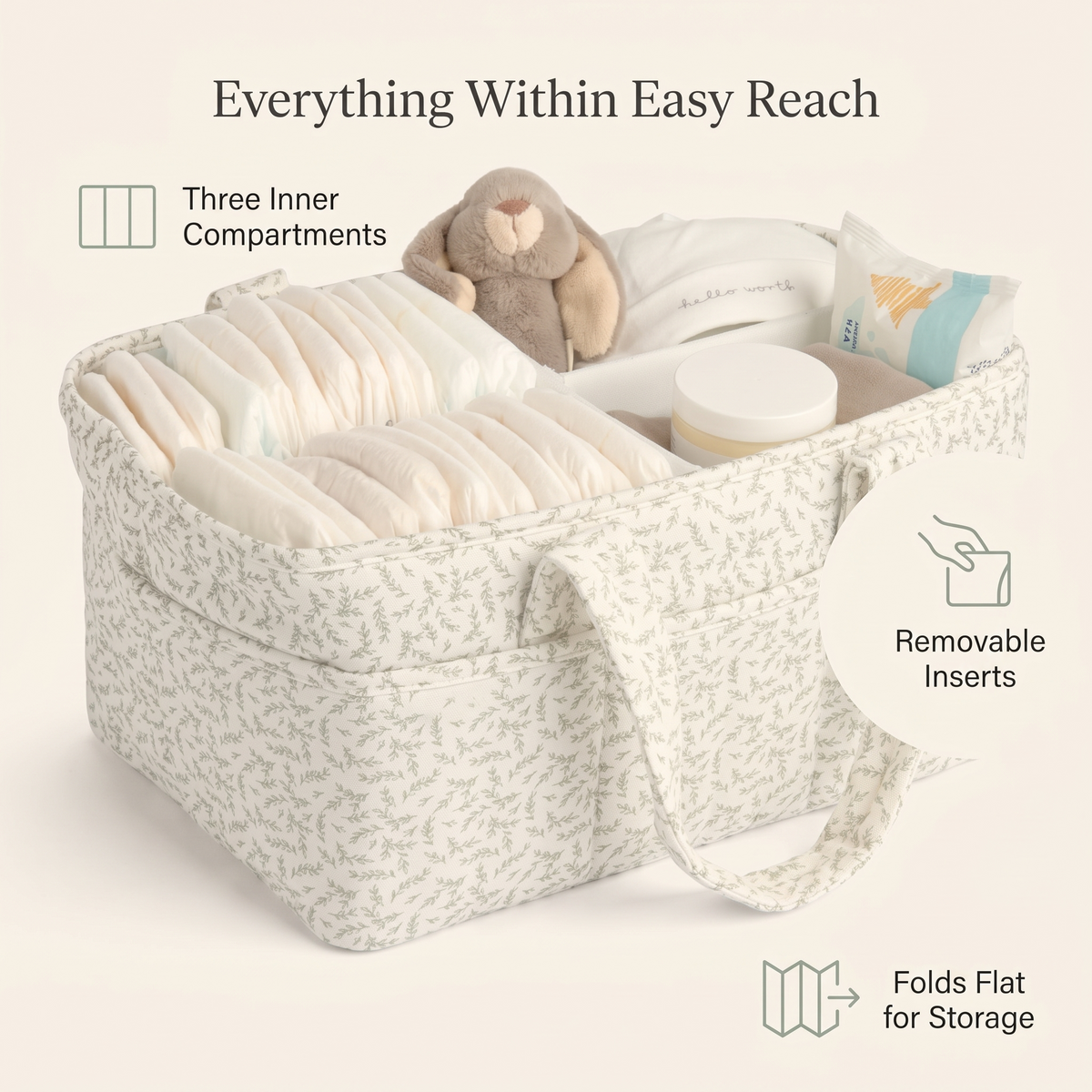 Benefits of the leaf print nappy caddy: three inner compartments, removable inserts, folds flat for storage
