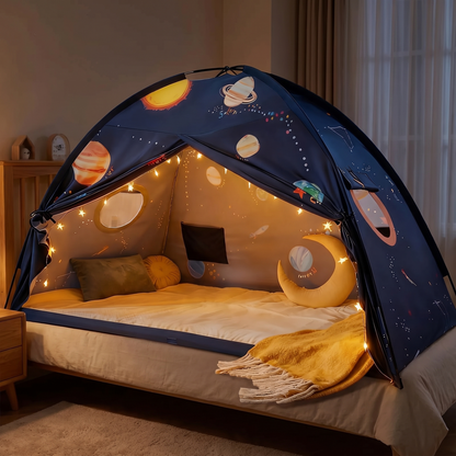 Kids bed tent at night glowing with string lights in a cosy bedroom