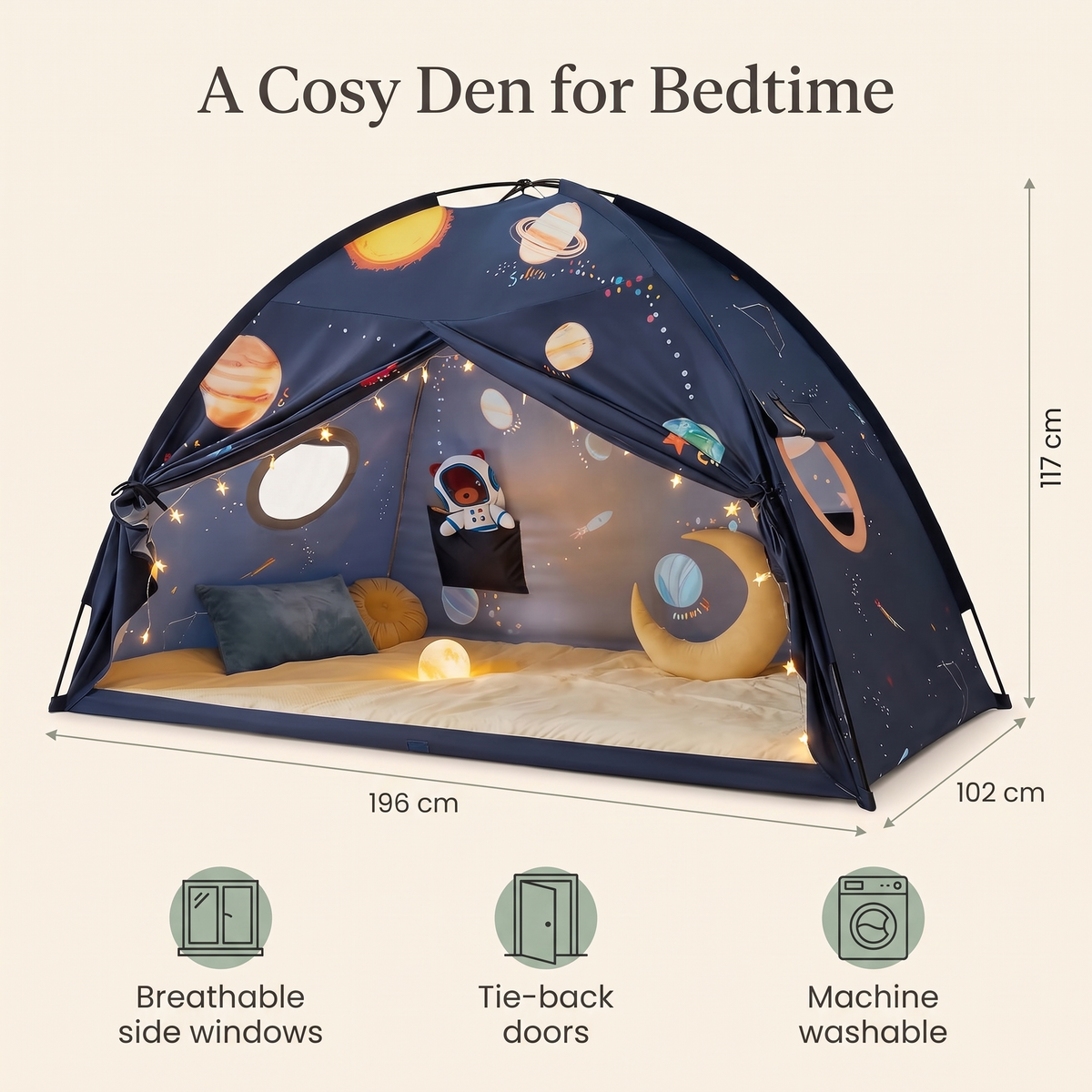 Bed tent benefits: breathable side windows, tie-back doors, machine washable, 196 x 102 x 117 cm