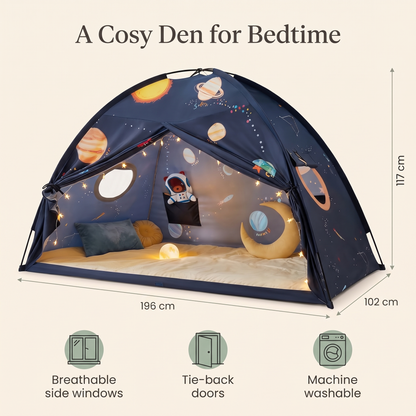 Bed tent benefits: breathable side windows, tie-back doors, machine washable, 196 x 102 x 117 cm