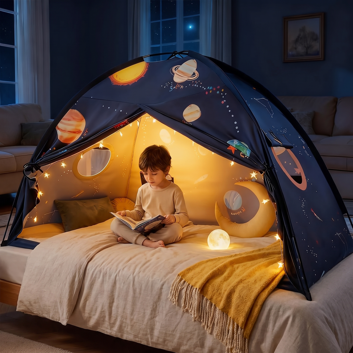 Child reading inside the kids bed tent with the doors tied back