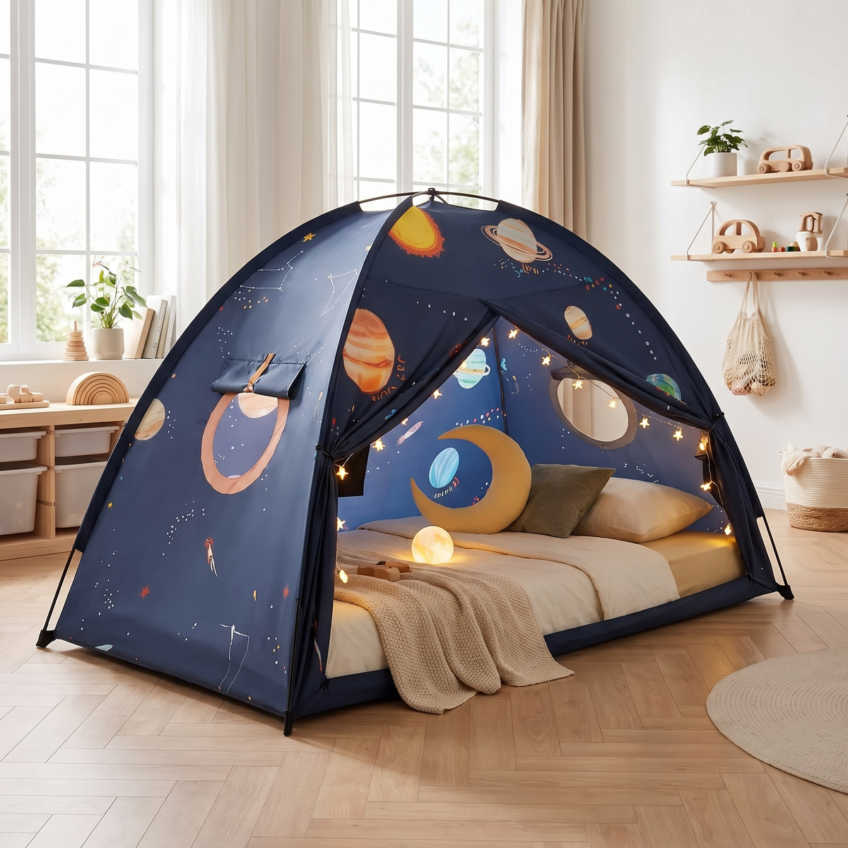 Kids bed tent fitted over a single bed in a bright Scandinavian kids room