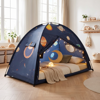 Kids bed tent fitted over a single bed in a bright Scandinavian kids room