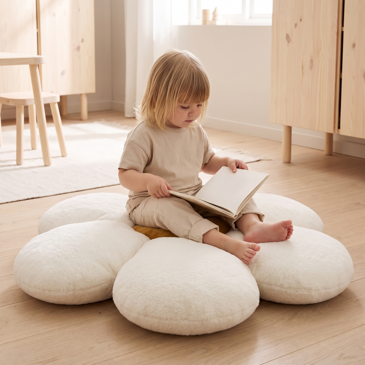 Child sitting on the flower floor cushion reading a book