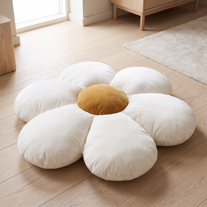 Flower-shaped kids floor cushion on an oak floor in a bright kids room