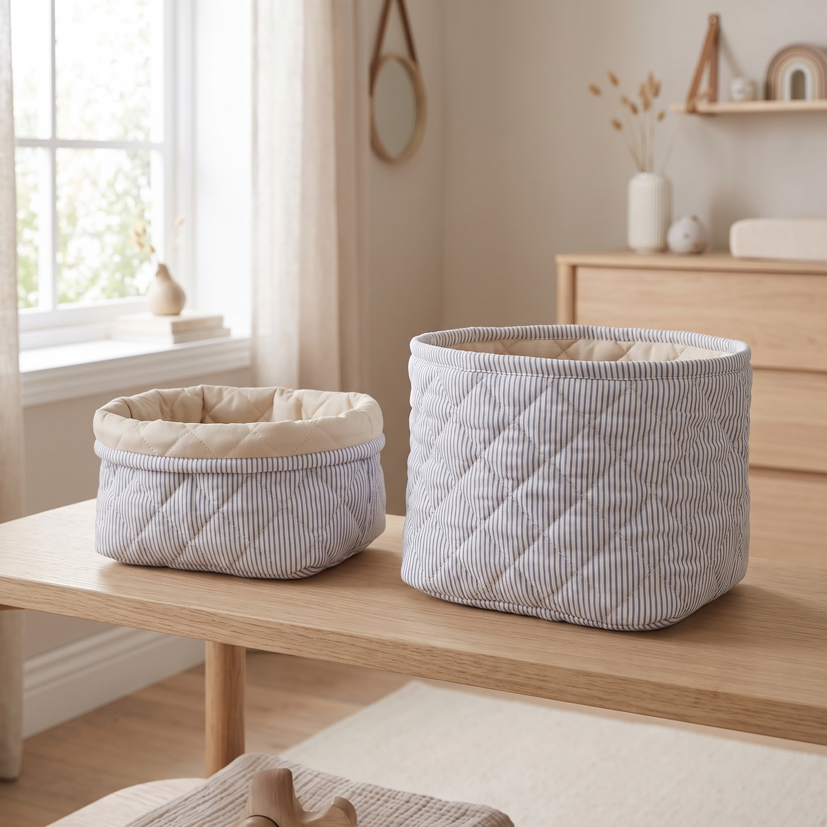 Set of two quilted storage baskets in blue stripe and praline in a bright nursery