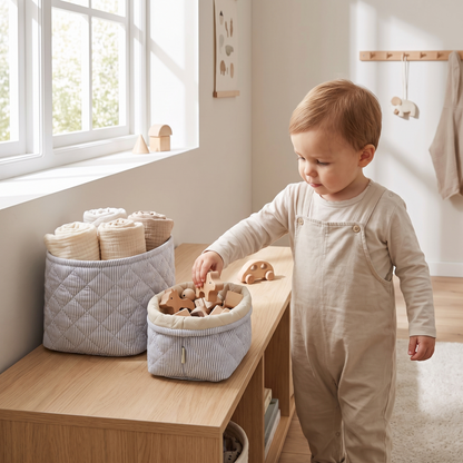 Toddler reaching for a toy from quilted storage baskets on a low shelf