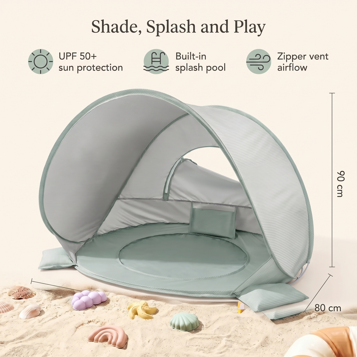 Baby beach tent benefits: UPF 50+ sun protection, built-in splash pool, zipper vent airflow, 120 x 80 x 90 cm