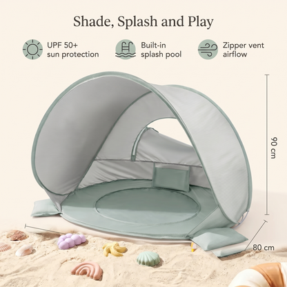 Baby beach tent benefits: UPF 50+ sun protection, built-in splash pool, zipper vent airflow, 120 x 80 x 90 cm