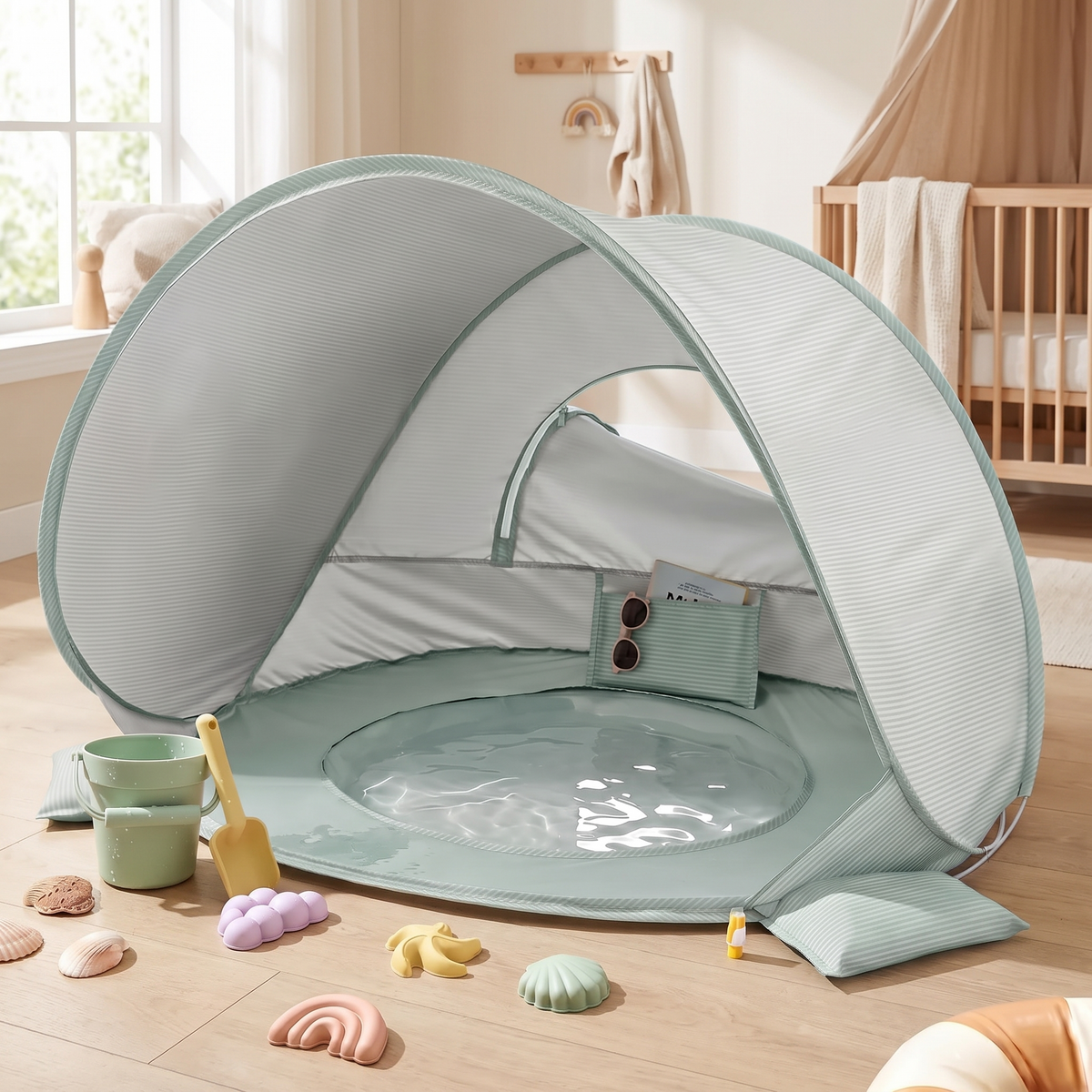 Pop-up baby beach tent with built-in splash pool in a bright nursery