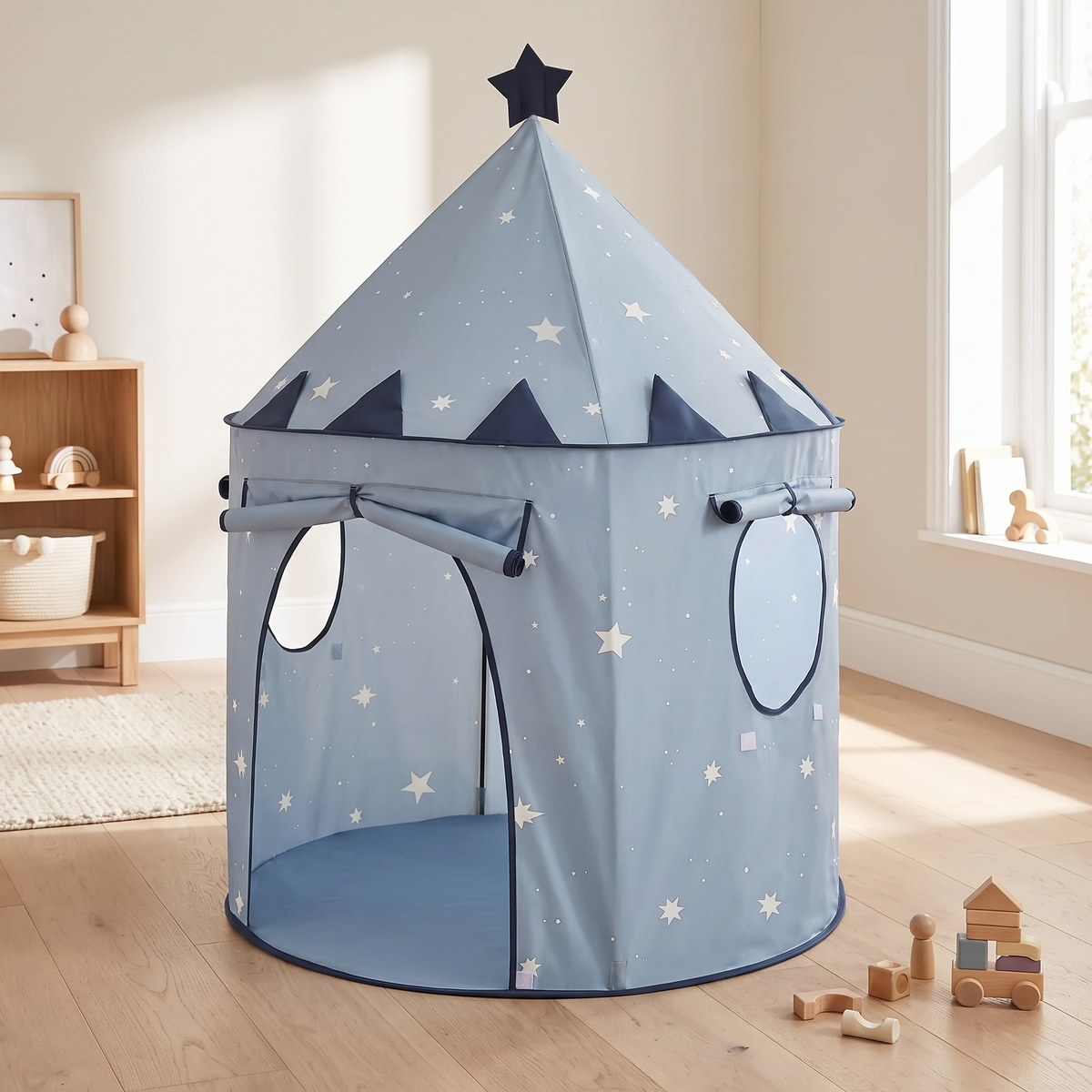 Starry blue kids indoor play tent in a bright Scandinavian kids room