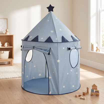 Starry blue kids indoor play tent in a bright Scandinavian kids room