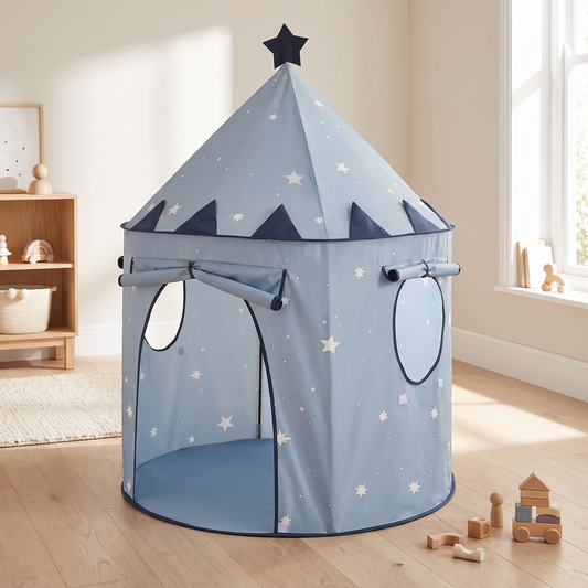 Starry blue kids indoor play tent in a bright Scandinavian kids room