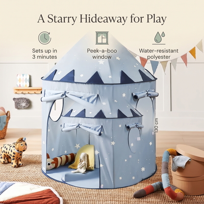Kids tent benefits: sets up in 3 minutes, peek-a-boo window, water-resistant polyester, 105 x 130 cm