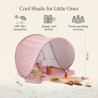 Baby beach tent benefits: UPF 50+ protection, zipper vent airflow, three sandbag anchors, 90 x 70 x 80 cm