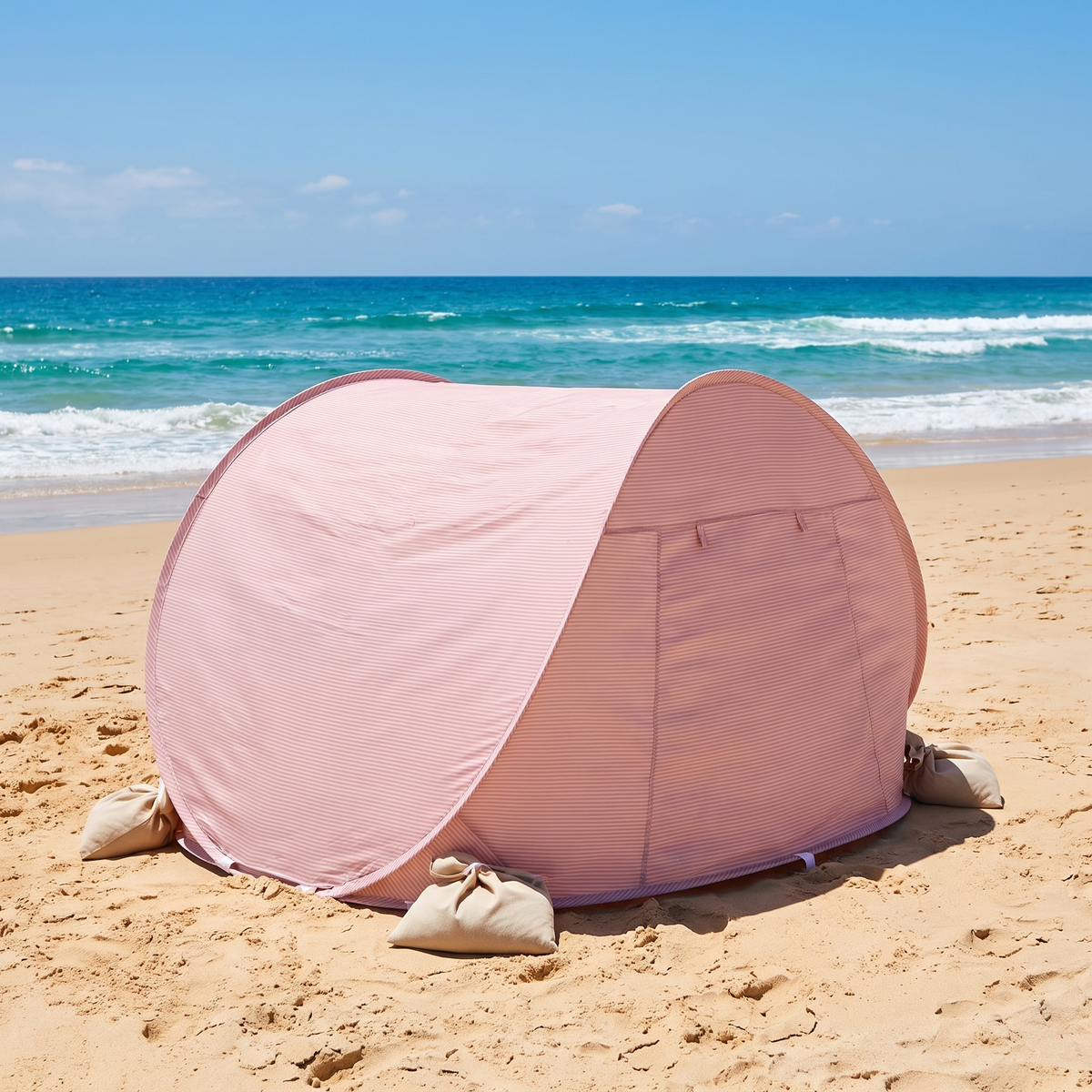 Baby beach tent anchored with three sandbags on a sunny Australian beach