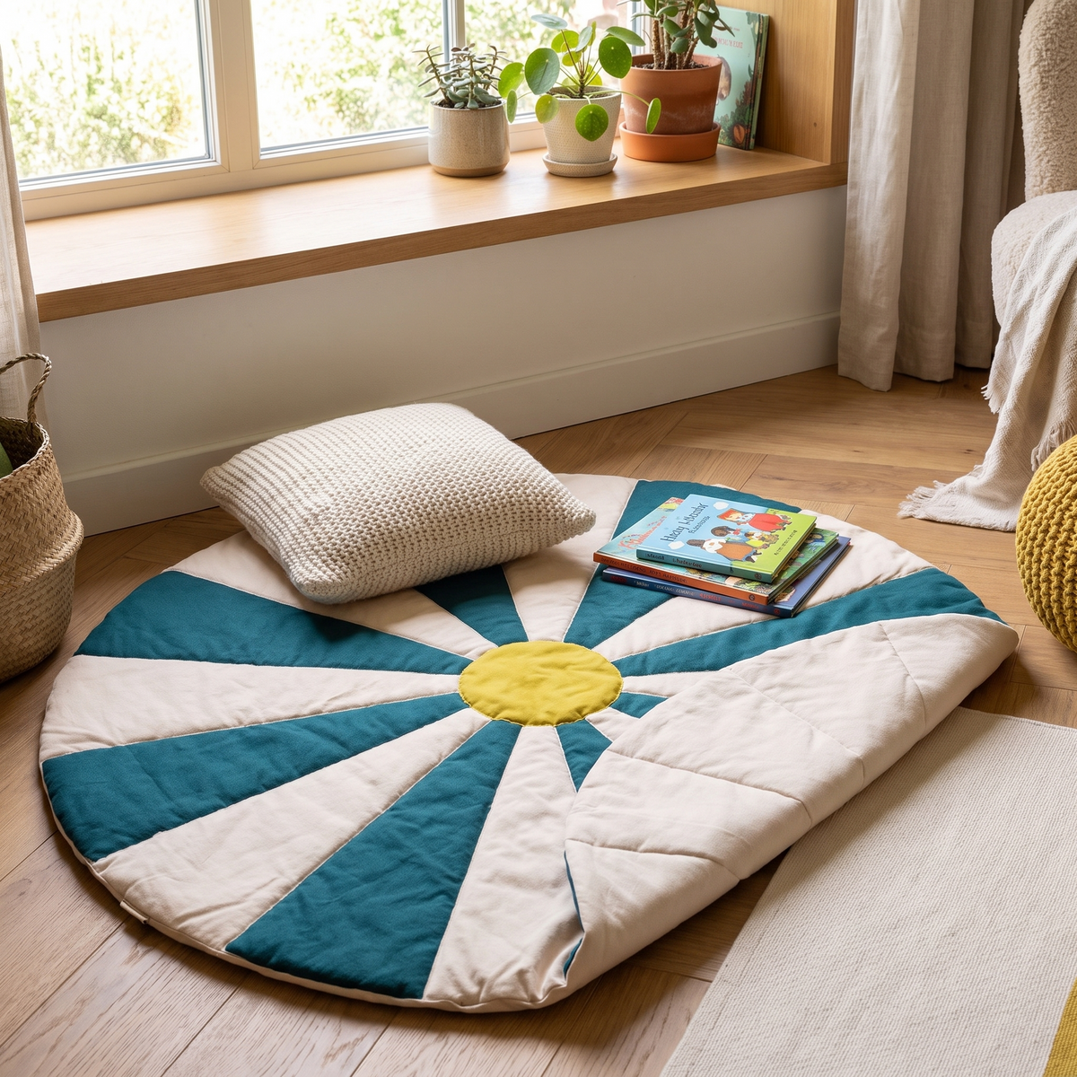 Reversible play mat styled as a reading corner showing the off-white reverse side