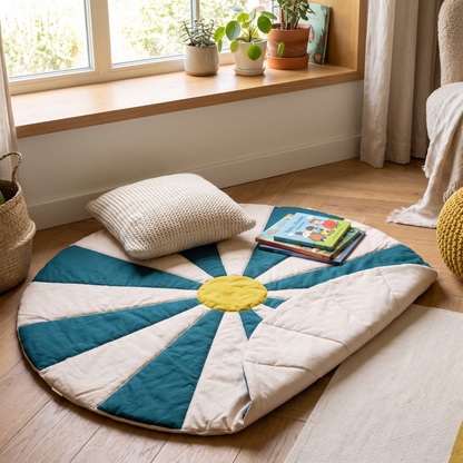 Reversible play mat styled as a reading corner showing the off-white reverse side