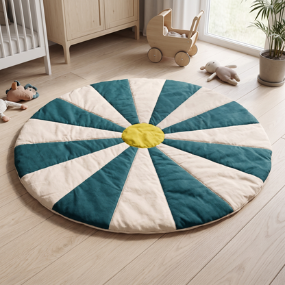 Teal striped padded kids play mat on a pale oak floor in a Scandinavian kids room