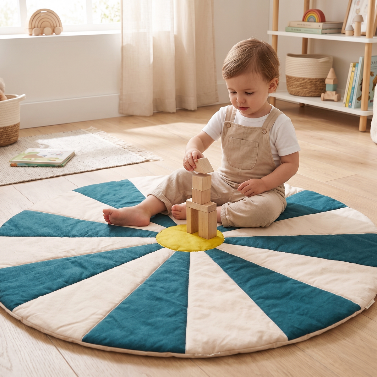 Toddler playing with wooden blocks on the teal striped play mat