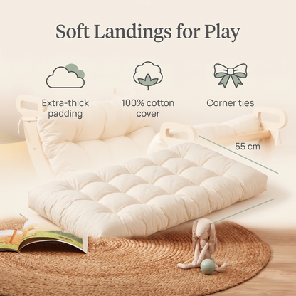 Play cushion benefits and size: extra-thick padding, 100% cotton cover, corner ties, 110 x 55 cm