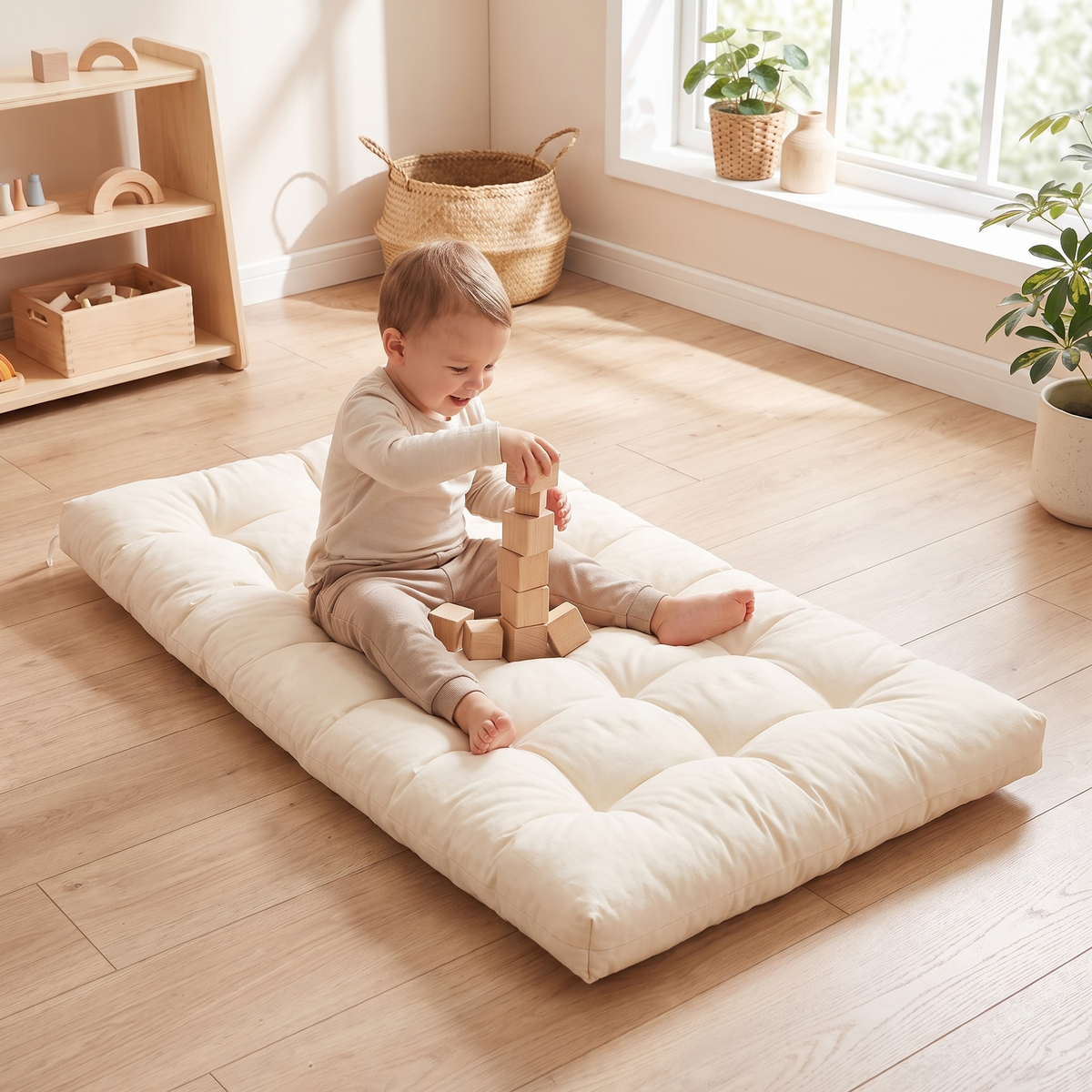 Toddler playing with wooden blocks on the cream padded play cushion