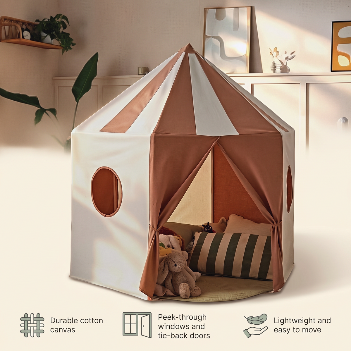 Pavilion play tent features: cotton canvas, windows and tie-back doors, easy to move