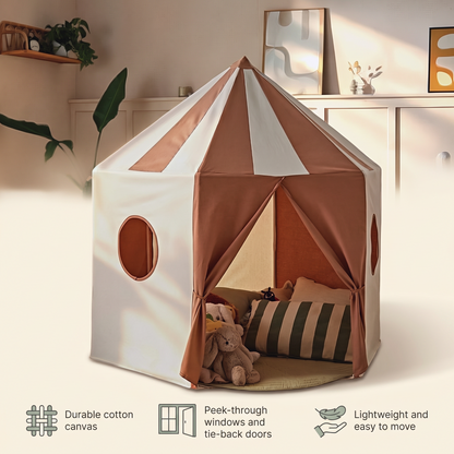 Pavilion play tent features: cotton canvas, windows and tie-back doors, easy to move