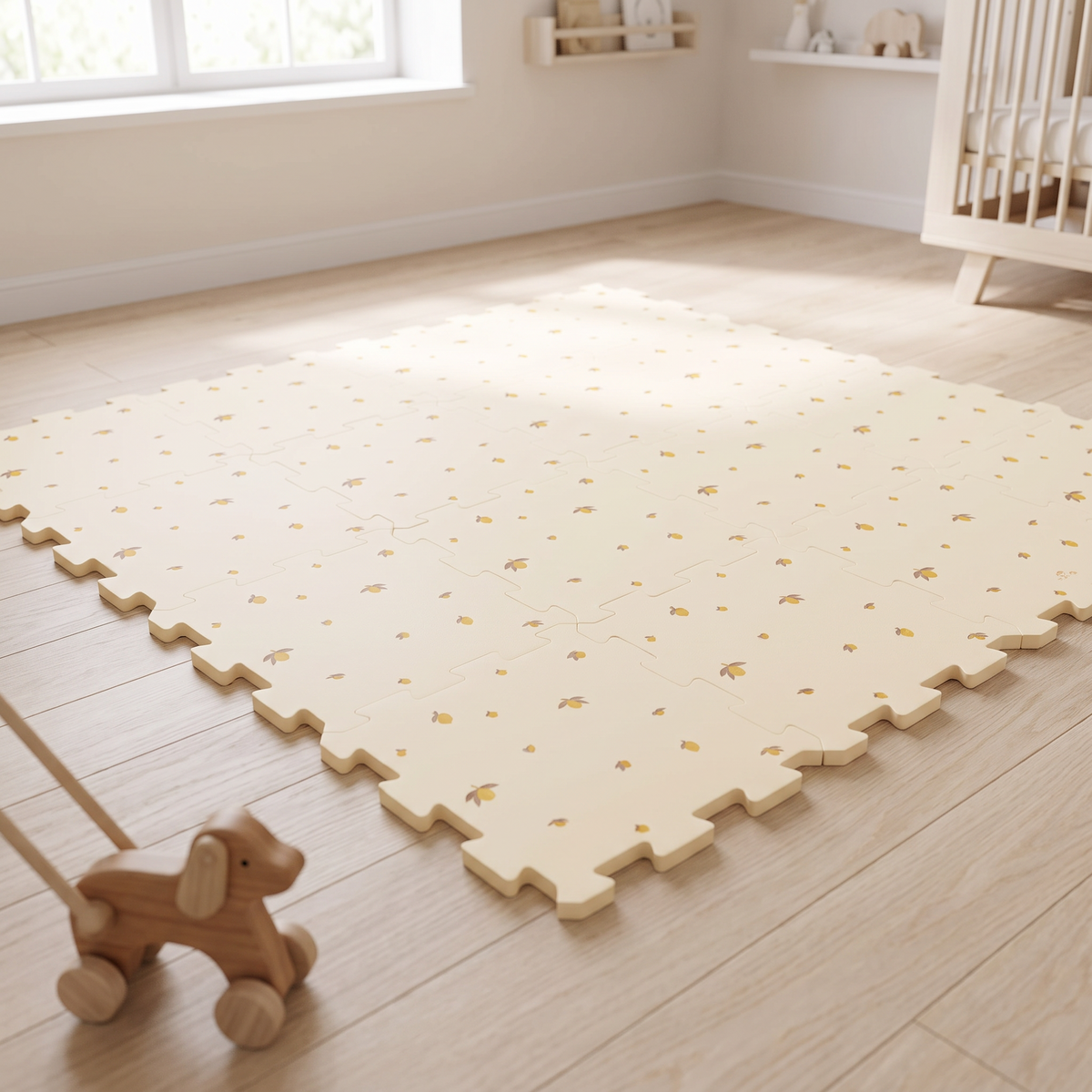 Butter yellow lemon print interlocking foam play mat in a bright nursery