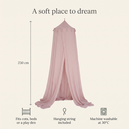 Canopy features: 230 cm length, fits cots and beds, hanging string included, machine washable