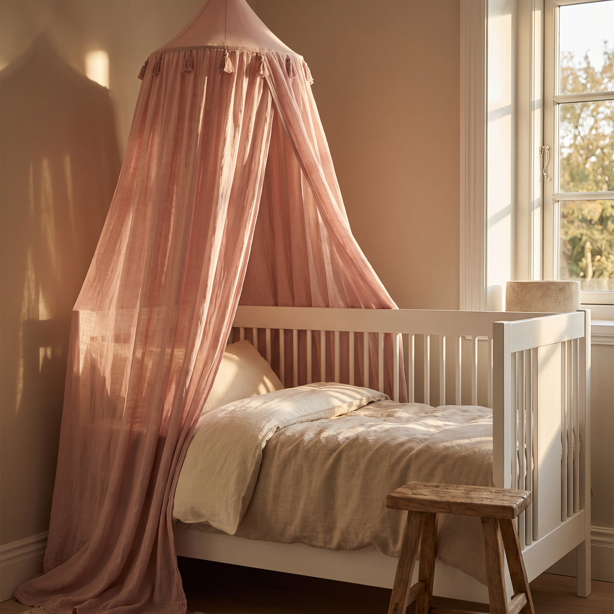 Dusty pink canopy draped over a cot in a nursery