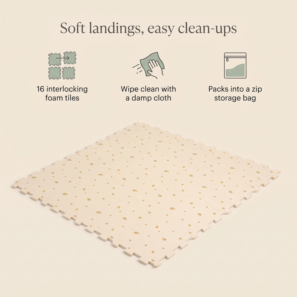 Foam play mat features: 16 tiles, wipe clean, zip storage bag