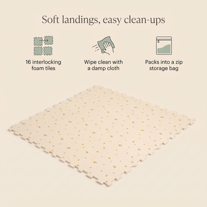 Foam play mat features: 16 tiles, wipe clean, zip storage bag