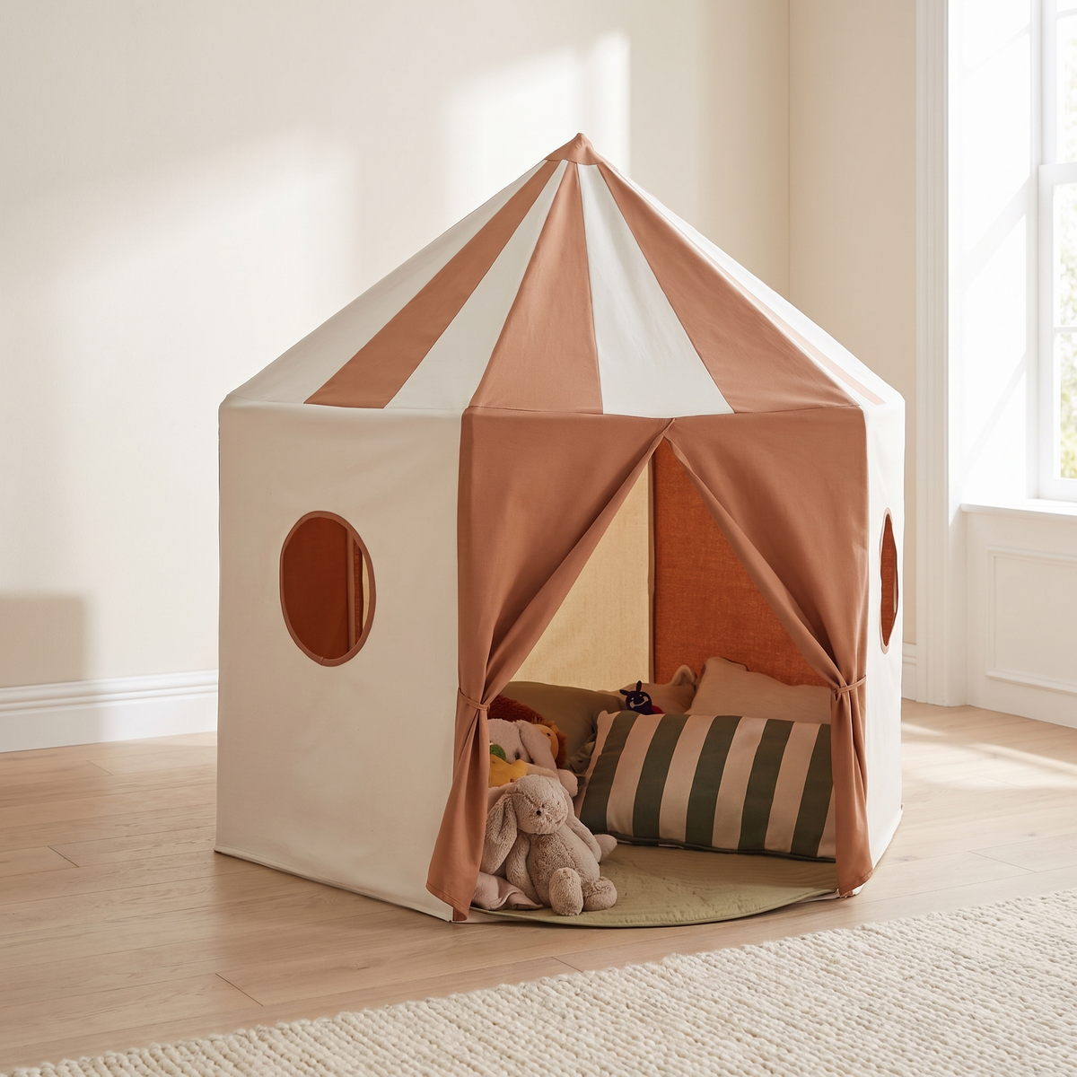 Terracotta pop-up pavilion kids play tent in a bright playroom
