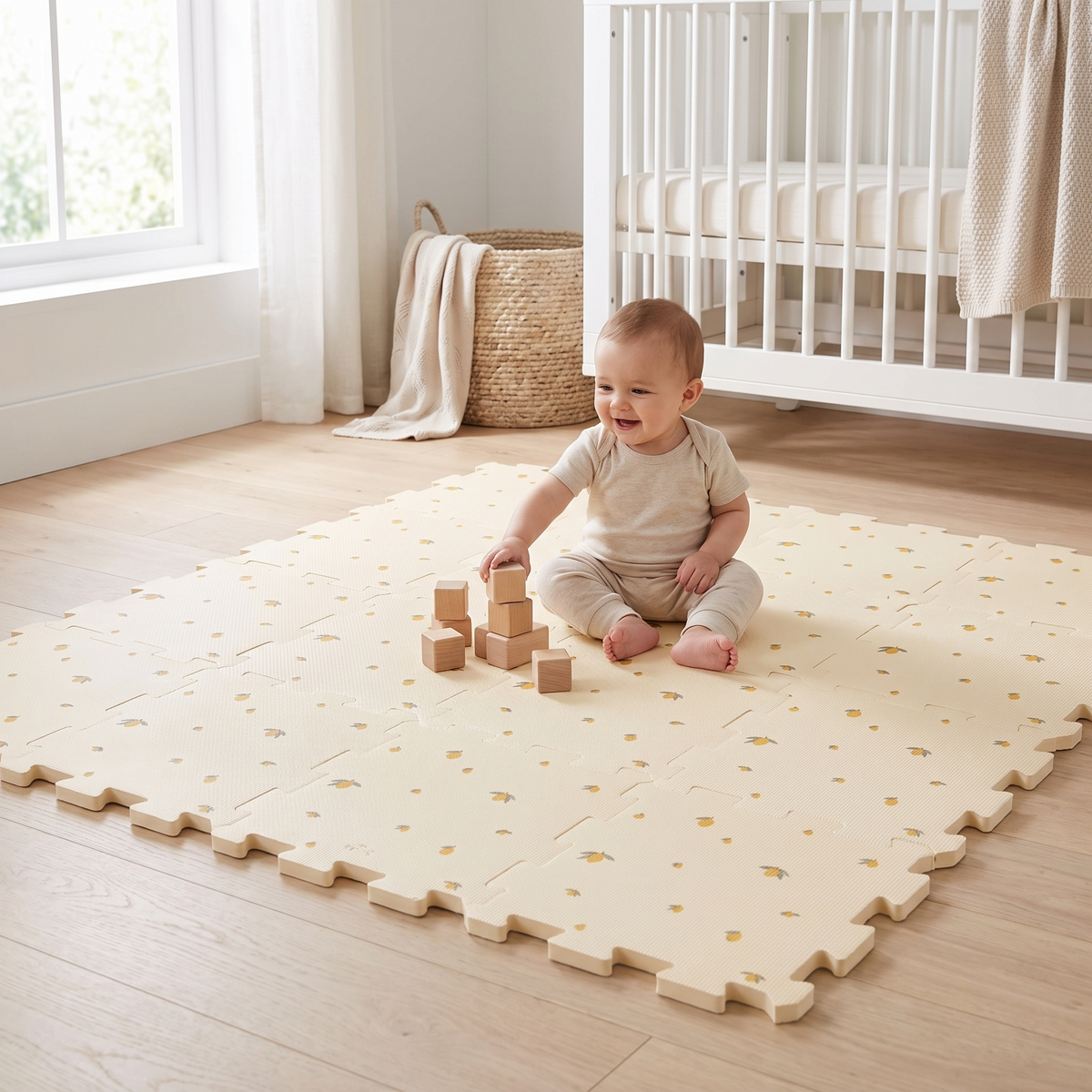 Baby playing with blocks on the foam play mat