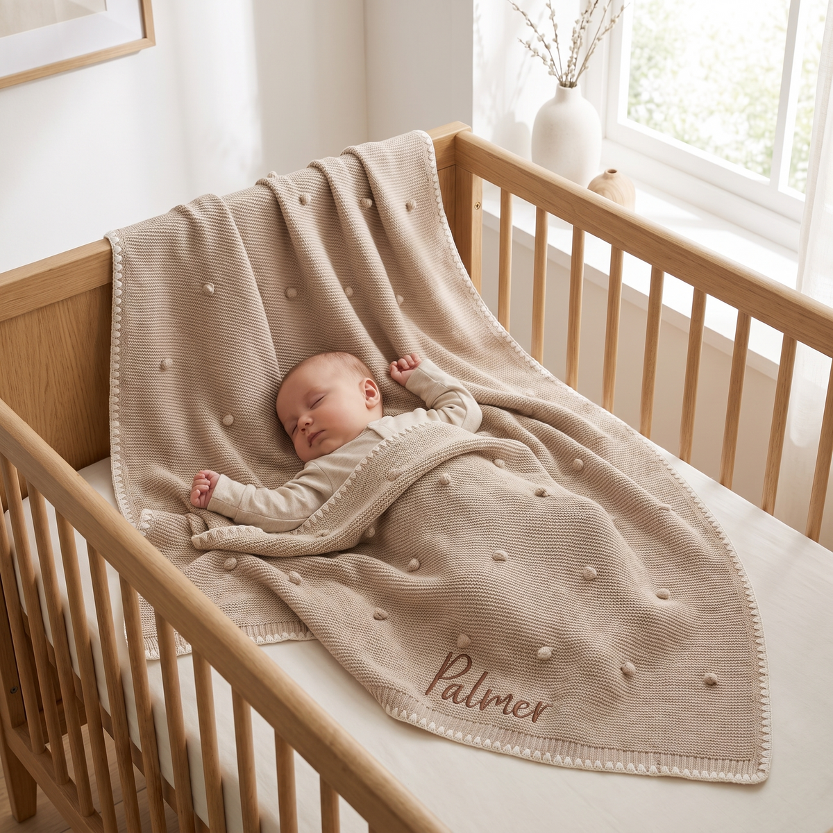 Close-up of bobble knit texture and embroidered name on natural cotton baby blanket