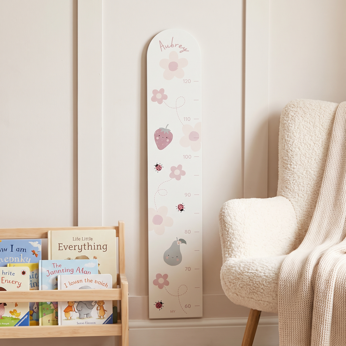 Floral height chart styled in a soft pastel child's bedroom