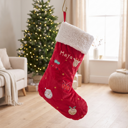 Personalised red velvet Christmas stocking with embroidered name and white furry trim