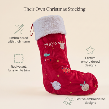Personalised red Christmas stocking styled in a family living room at Christmas