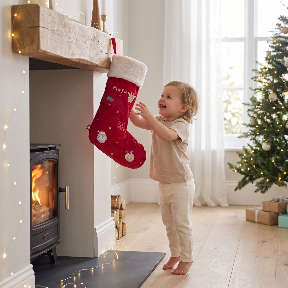 Red velvet personalised Christmas stocking hanging by a festive fireplace