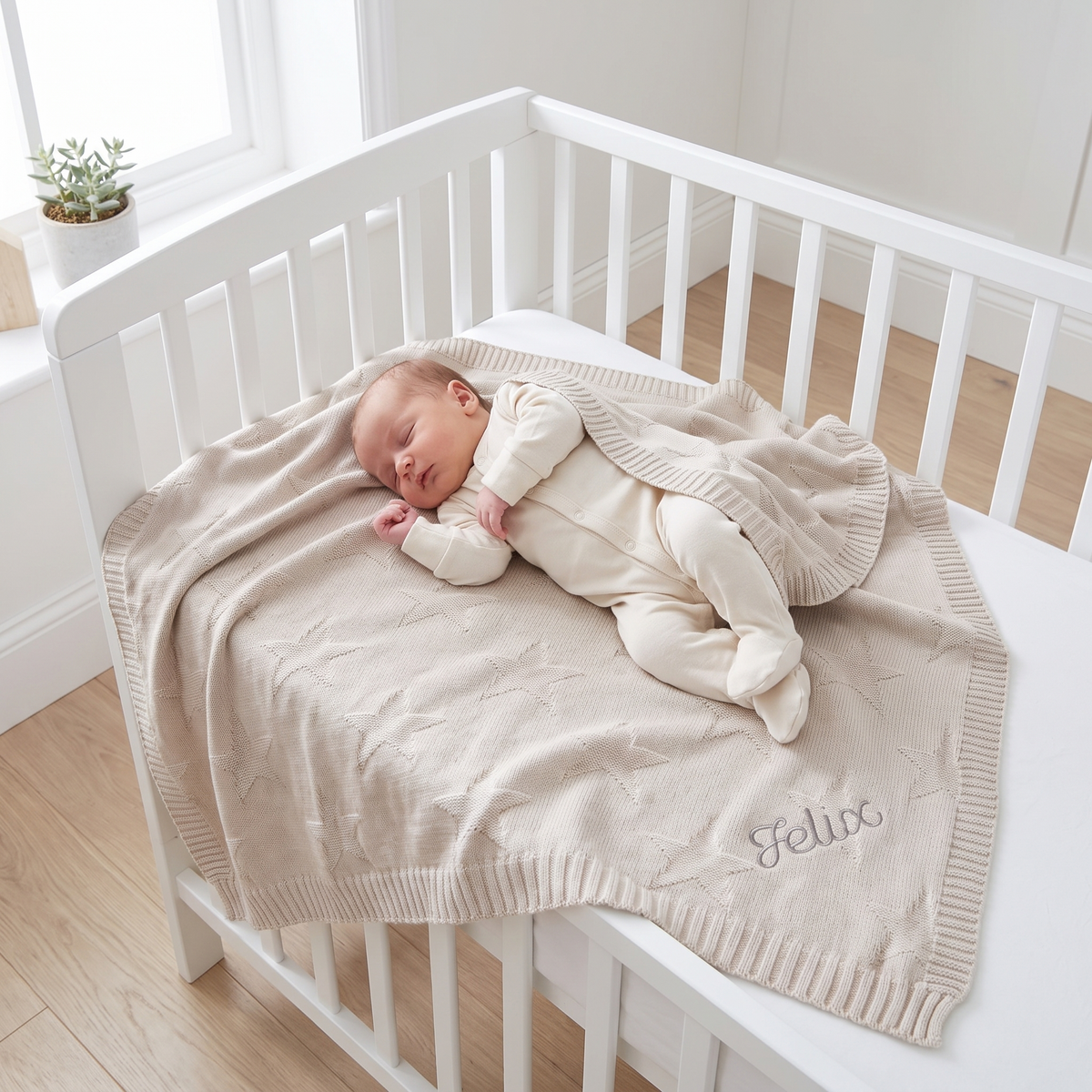 Oatmeal star baby blanket draped over a cot in a neutral nursery