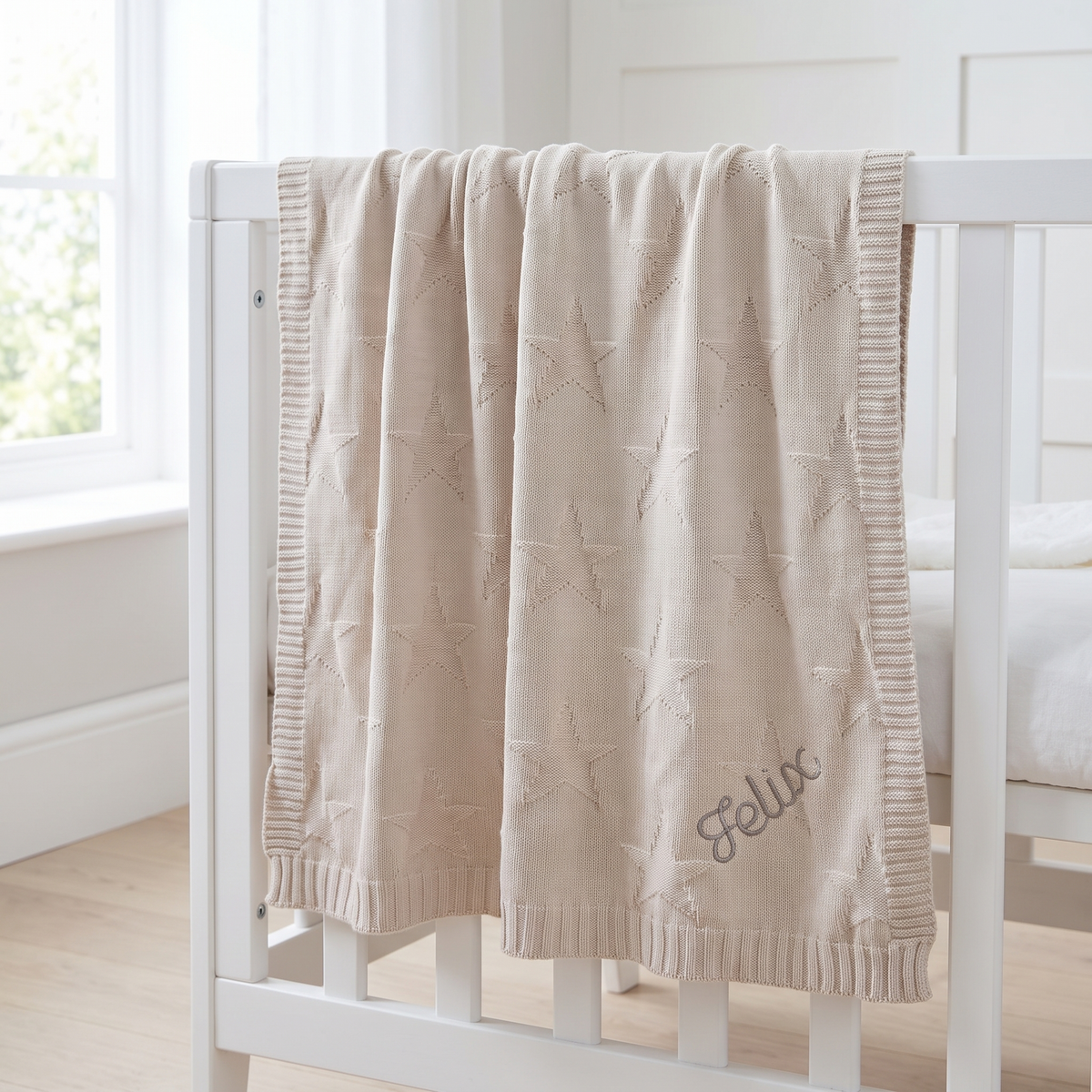 Personalised oatmeal star jacquard cotton baby blanket with name
