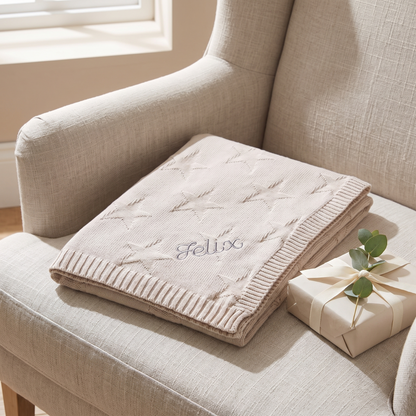 Close-up of star jacquard weave and personalised name on cotton baby blanket