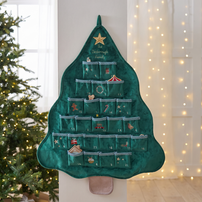 Personalised fabric Christmas tree hanging advent calendar with 24 pockets