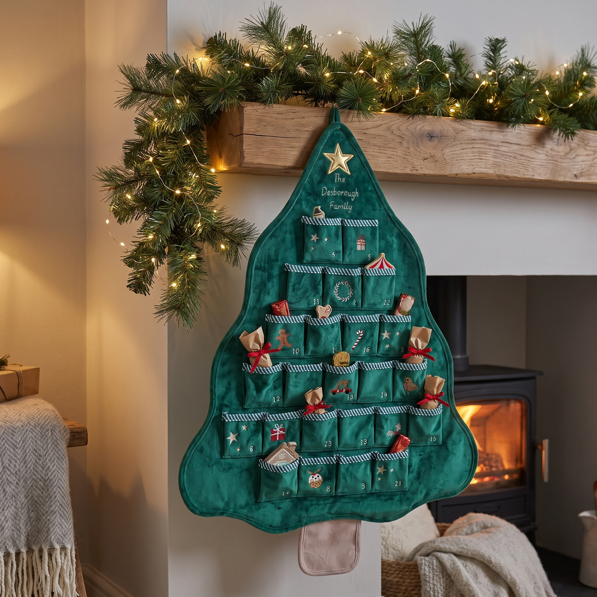 Close-up of numbered pockets on personalised Christmas tree advent calendar